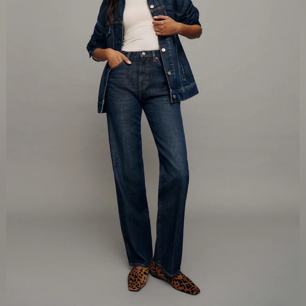Reformation Val 90s Mid Rise Straight Jeans Rigid Denim Dark Wash (Ahurani)